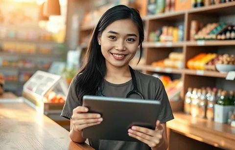 Pemilik toko kelontong tersenyum sambil memegang tablet di belakang meja usahanya