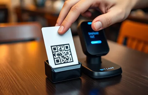 Kartu digital bertanda QR berdiri di meja usaha, siap ditempel atau dipindai pelanggan
