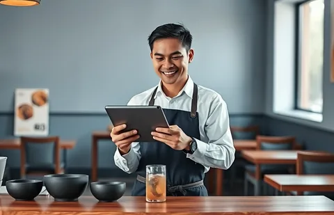 Pemilik warung makan memakai tablet untuk mencatat pesanan di depan meja kasir