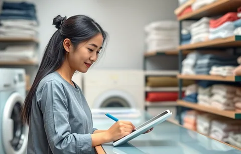 Petugas laundry mencatat pesanan pelanggan lewat tablet di meja layanan