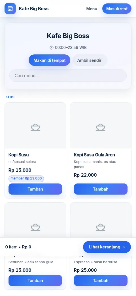 Halaman usaha pada layar ponsel: nama usaha, daftar menu, dan harga