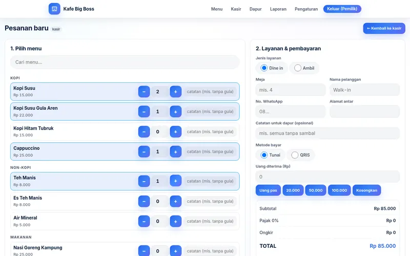 Layar input pesanan baru di kasir: memilih menu, jumlah, dan catatan untuk dapur