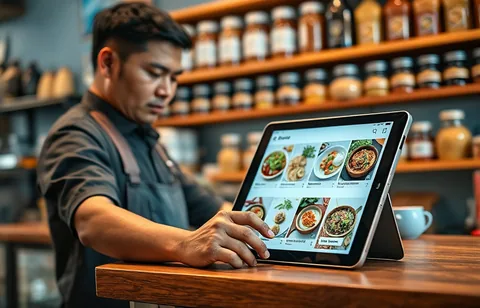 Pemilik usaha mengatur foto dan daftar menu dari tablet yang diletakkan di meja usahanya
